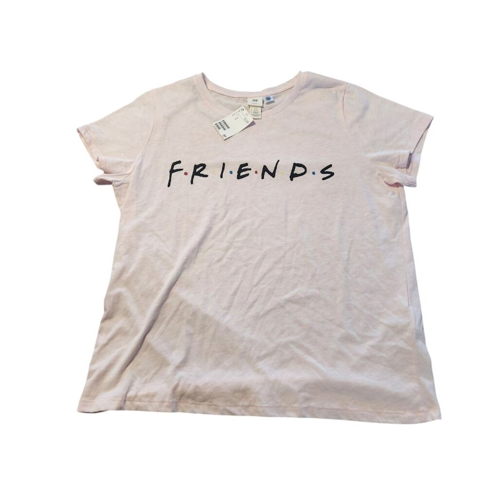 H&M Friends Shirt Pink Graphic Crew Neck Short Sleeve Stretch Womens XL‎ NEW NWT